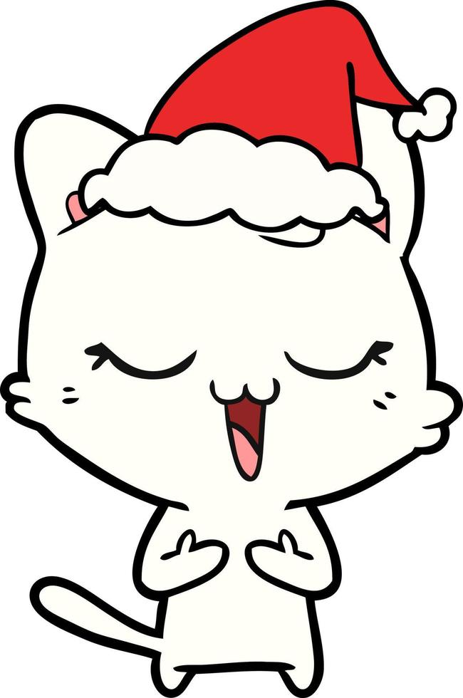 felice disegno di un gatto che indossa il cappello di Babbo Natale vettore