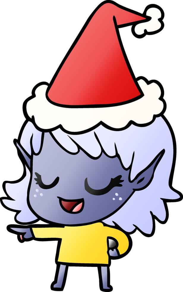 cartone animato gradiente felice di una ragazza elfo che punta indossando il cappello di Babbo Natale vettore