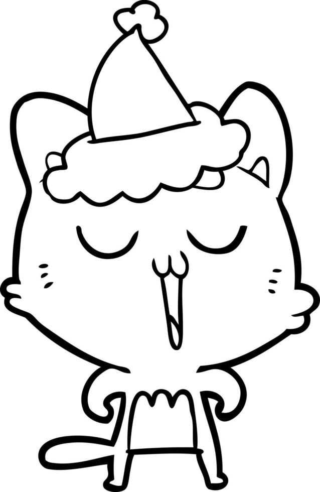 disegno a tratteggio di un gatto che canta con indosso il cappello di Babbo Natale vettore