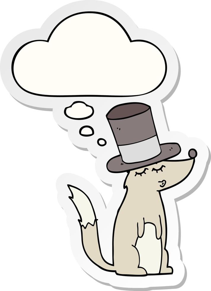 lupo cartone animato che fischia indossando cappello a cilindro e bolla di pensiero come adesivo stampato vettore