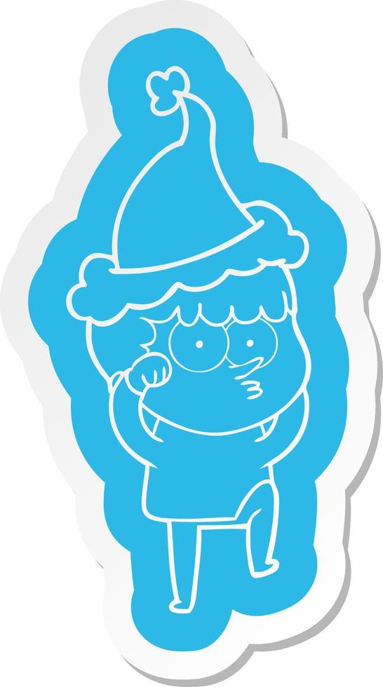 adesivo cartone animato di un ragazzo curioso che si sfrega gli occhi incredulo indossando il cappello di Babbo Natale vettore