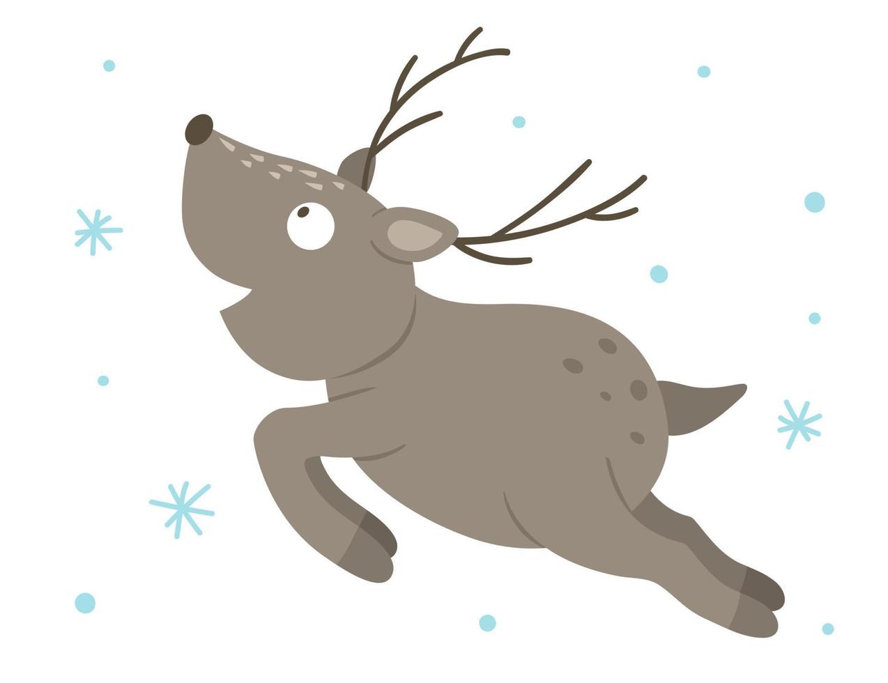 cervo in esecuzione piatto disegnato a mano di vettore con i fiocchi di neve. scena invernale divertente con animali del bosco. illustrazione animalesca della foresta carina per la stampa, la cancelleria
