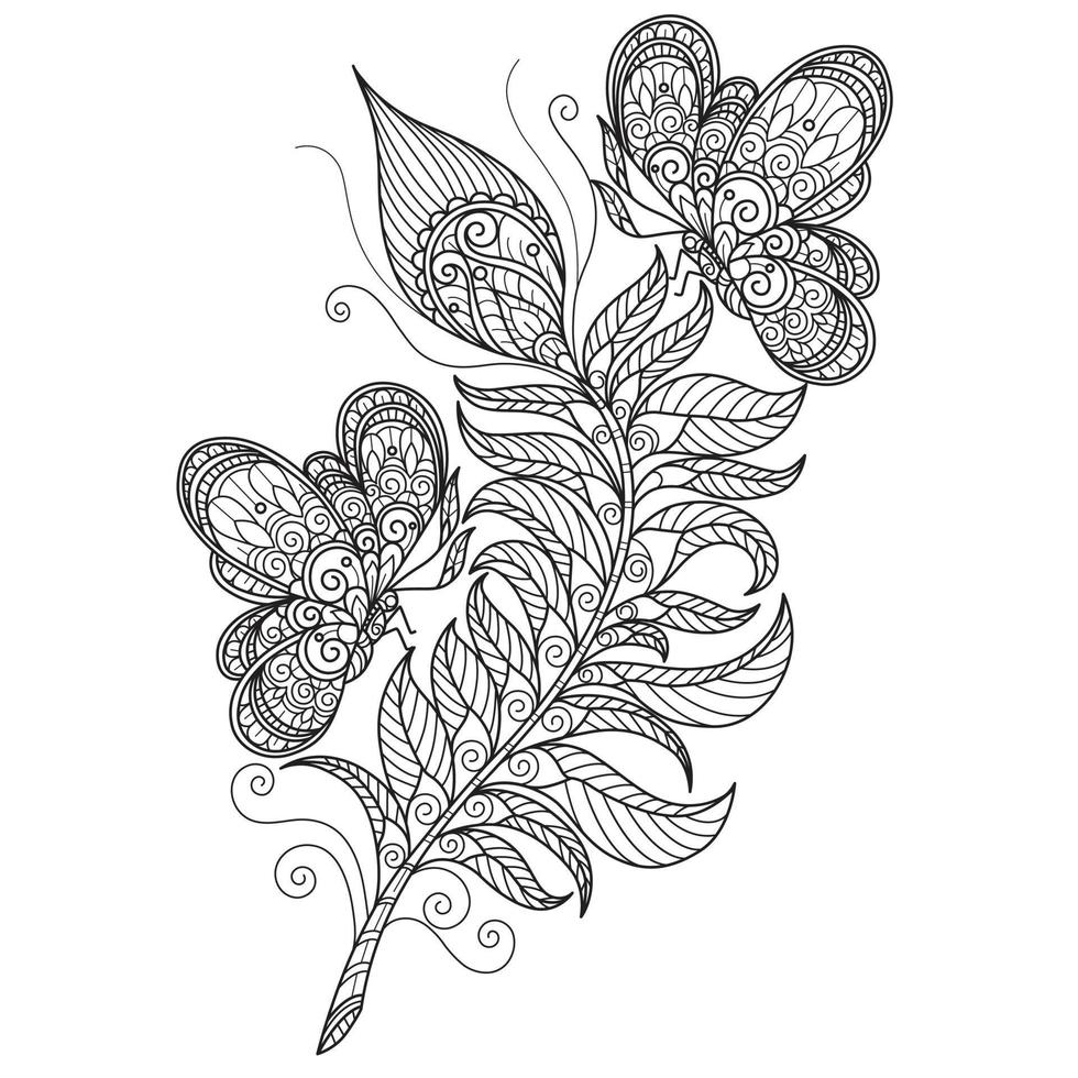 farfalla e piume disegnate a mano per libro da colorare per adulti vettore