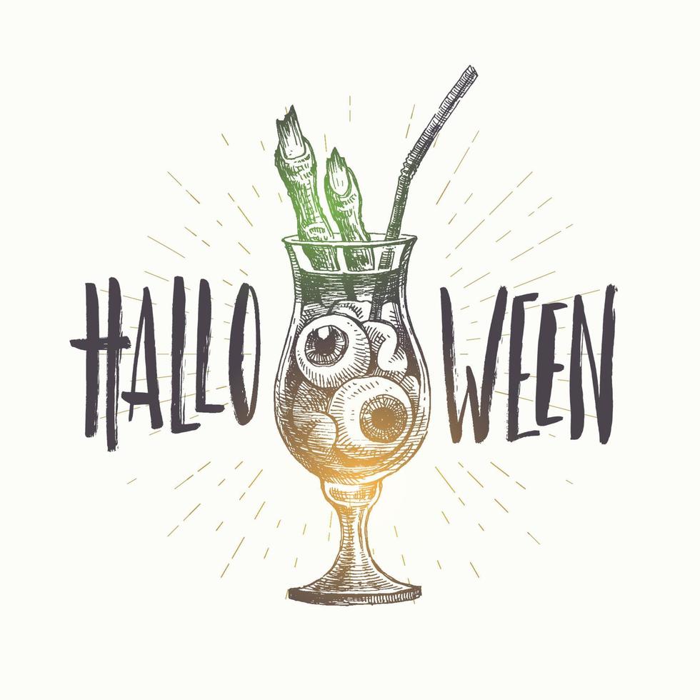 illustrazione disegnata a mano di vettore di halloween. bicchiere di cocktail con i bulbi oculari e le dita del morto.