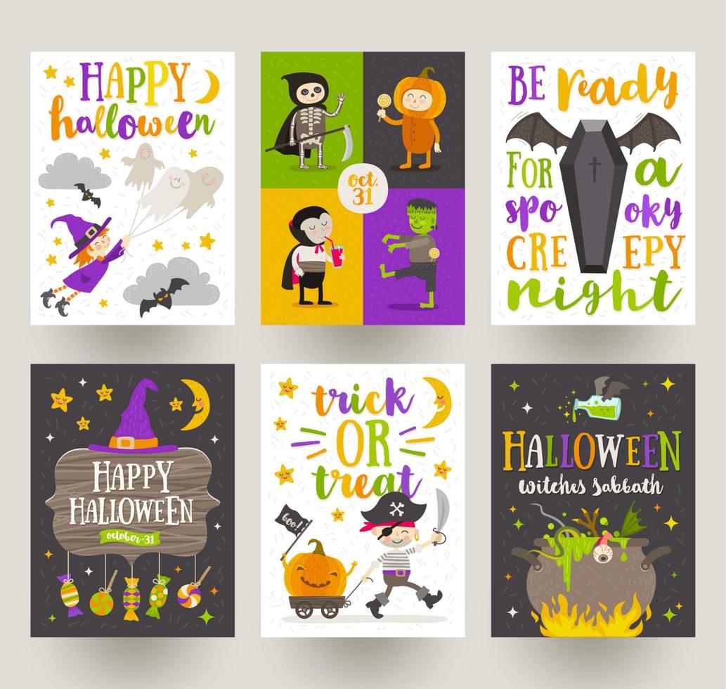 set di poster di halloween o biglietto di auguri con personaggi dei cartoni animati, segno di vacanza, simboli e design del tipo. illustrazione vettoriale. vettore