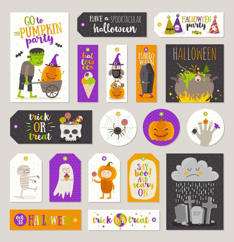 set di etichette ed etichette regalo di halloween con personaggi dei cartoni animati, saluti, segno di vacanza e simbolo. illustrazione vettoriale. vettore