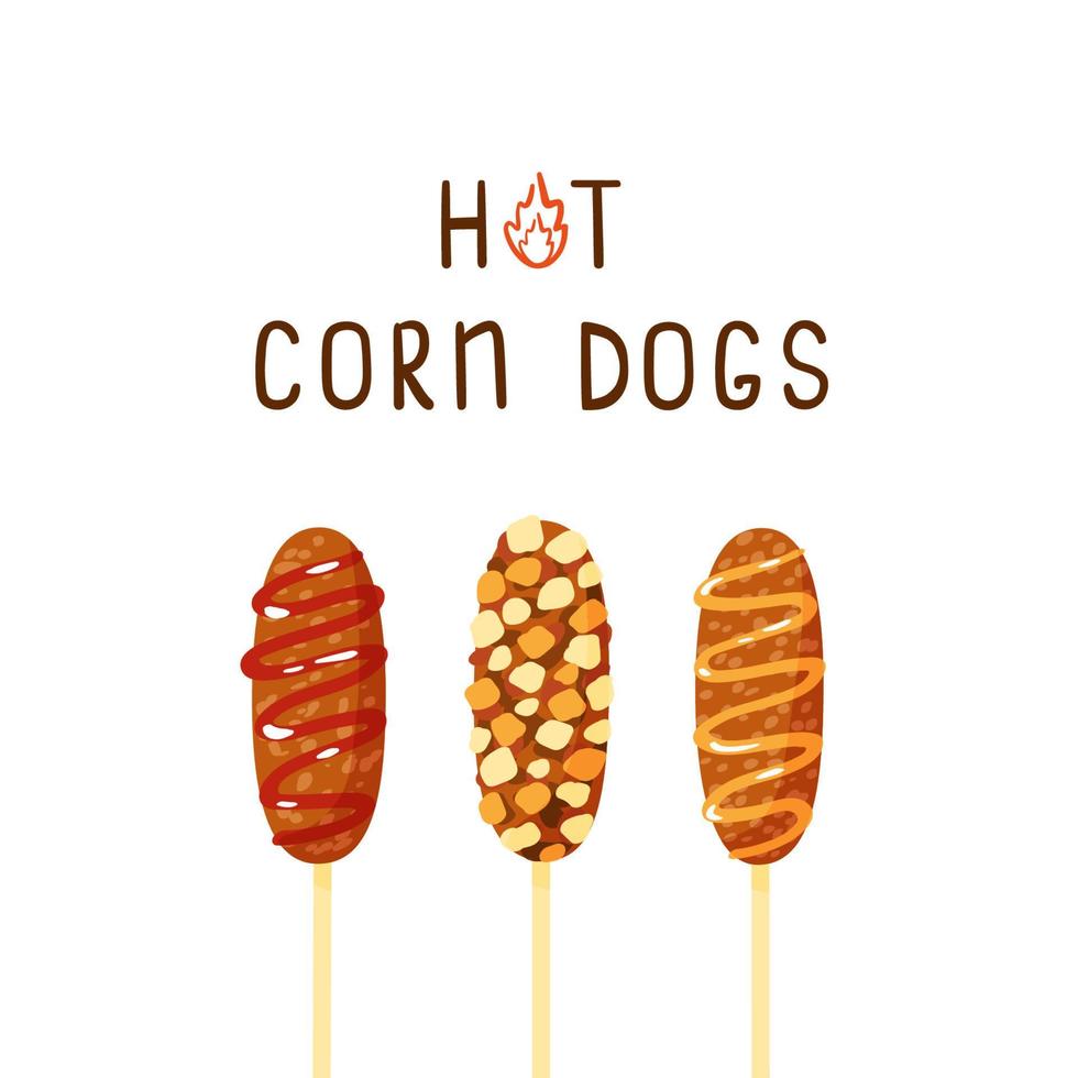 cibo da strada coreano tradizionale - corn dog fritto con ketchup e senape. hot dog in stile cartone animato disegnati a mano con salsiccia e formaggio, fritti nel pangrattato. set di illustrazioni vettoriali con scritte