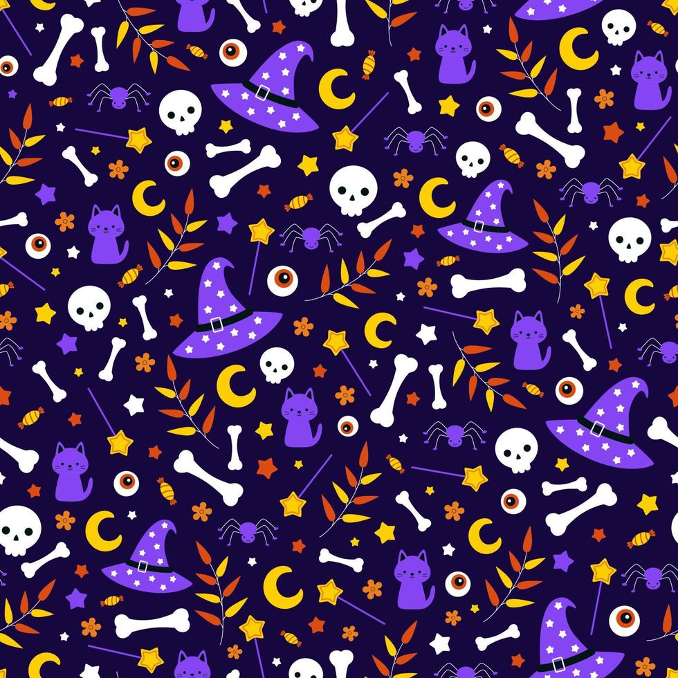 modello vettoriale senza soluzione di continuità in stile cartone animato con elementi di halloween disegnati a mano