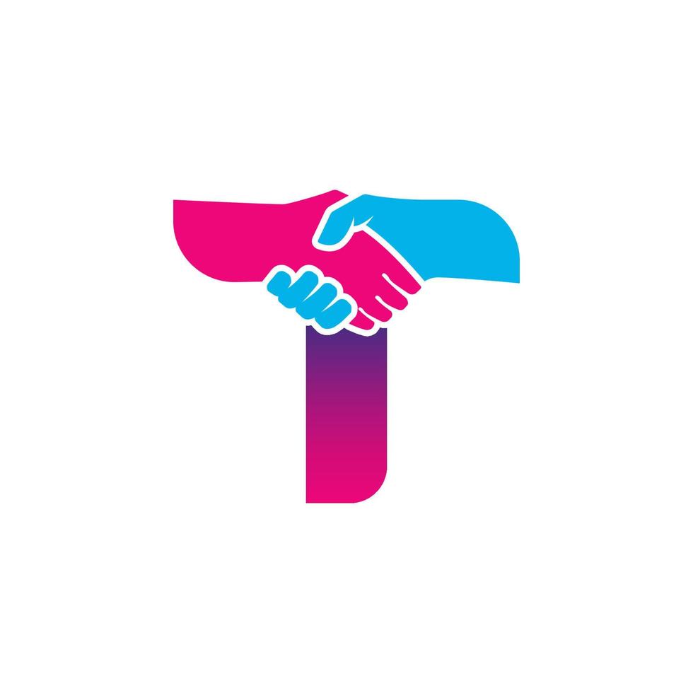 logo della stretta di mano isolato sull'alfabeto della lettera t. partenariato commerciale e design del logo sindacale vettore