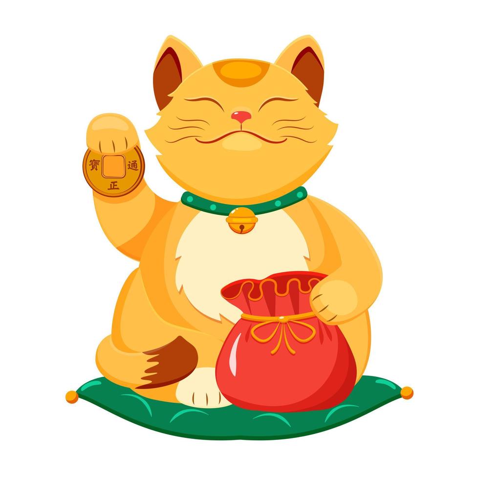 gatto giapponese della fortuna maneki neko con zampa alzata. simbolo asiatico tradizionale di buona fortuna e ricchezza. vettore