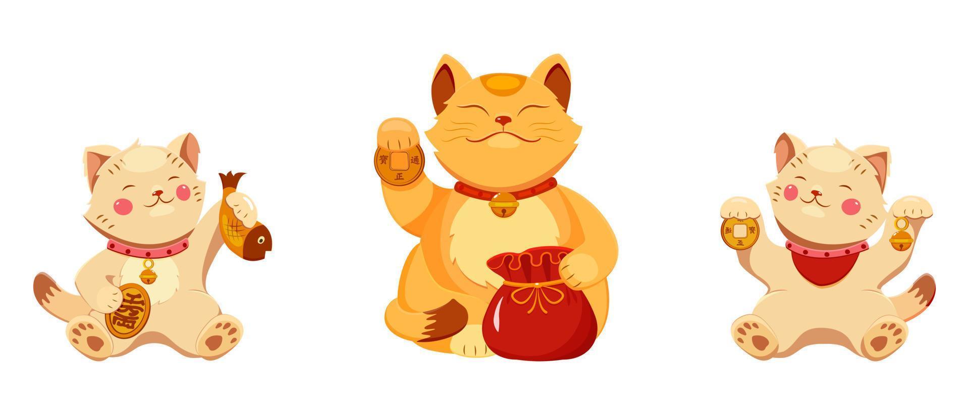 buona fortuna gatti maneko neko. illustrazione del fumetto di vettore della mascotte della ricchezza e della prosperità di affari.