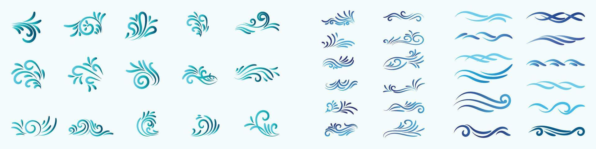 onde d'acqua vettoriali, sfondo delle onde dell'acqua, onde dell'oceano e del mare, illustrazione vettoriale dell'icona dell'onda d'acqua, schizzo delle onde del mare. set di illustrazioni vettoriali disegnate a mano con onde tempestose, tempeste da spiaggia vintage e oceaniche.