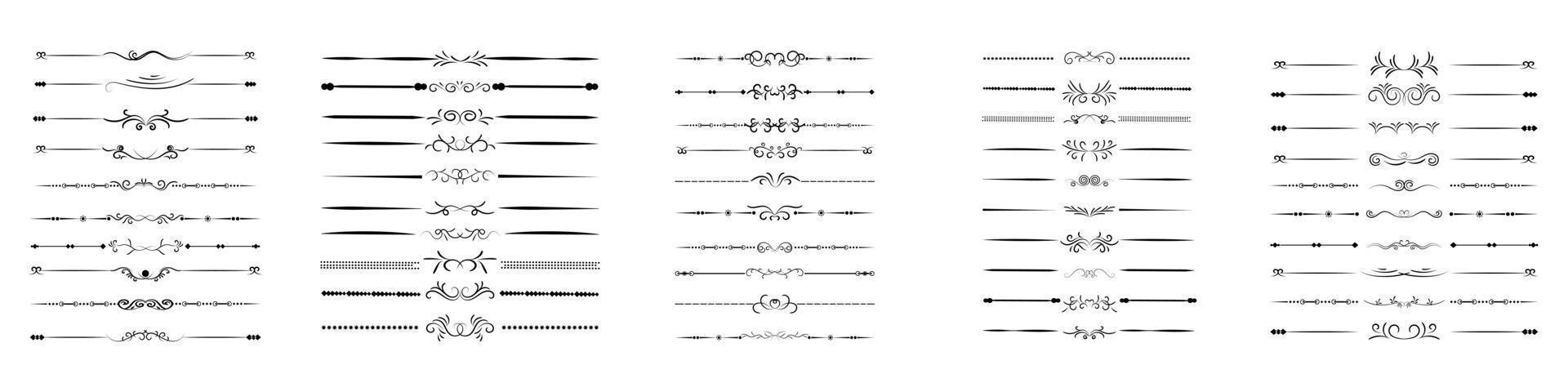 set di linee orizzontali ondulate, linee disegnate a mano pennellata. insieme di vettore isolato su bianco. scarabocchio disegnato a mano. inchiostro nero, linee di regola ornamentali in design diverso, divisori vettoriali, calligrafia