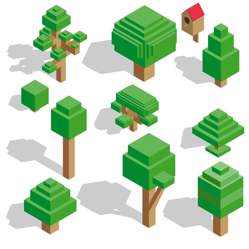 alberi vettoriali isometrici impostati per foresta, parco, città. icone del kit di costruzione del paesaggio per gioco, mappa, stampe, ecc. isolato su sfondo bianco.