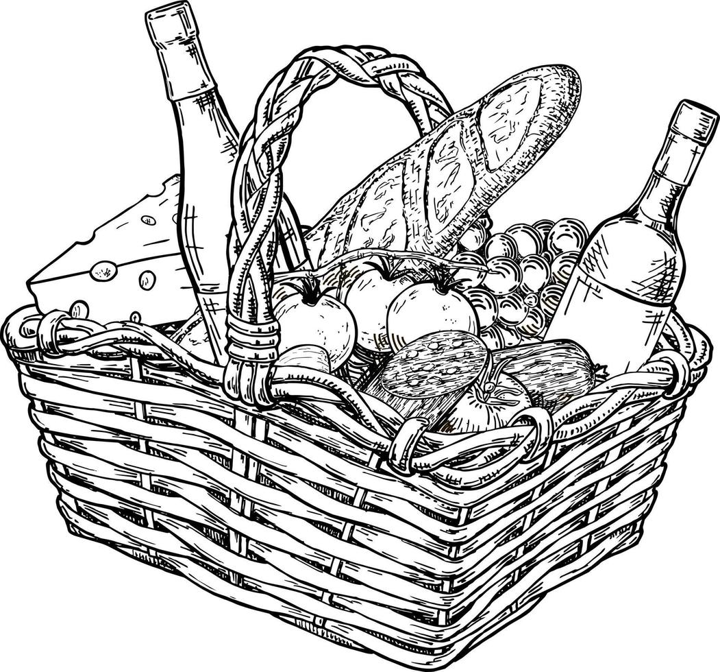 cestino da picnic con merenda. schizzo disegnato a mano. illustrazioni disegnate a mano di picnic. formaggio, vino, frutta e pane francese in un cesto di vimini vettore