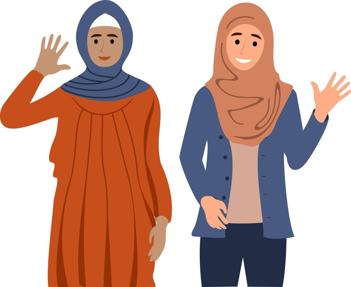 ragazze sorridenti in hijab. donne musulmane. graziose ragazze arabe piatte in abiti tradizionali e abiti casual. collezione di donne d'affari vettore