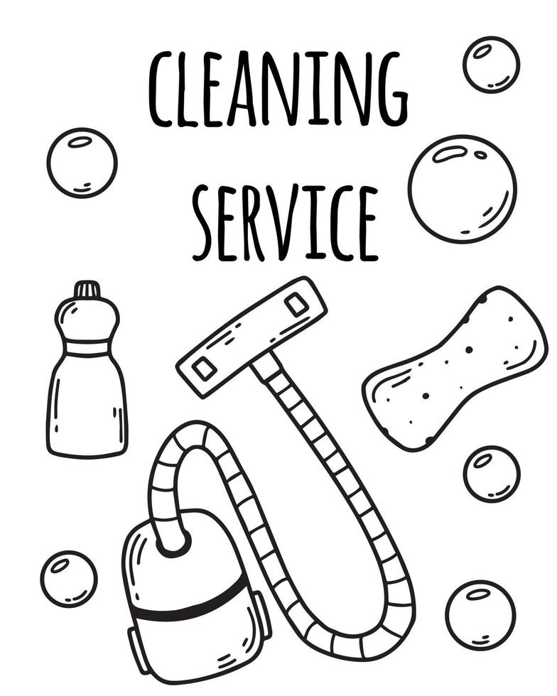 servizio di pulizia. pulizie di casa. illustrazione vettoriale. stile scarabocchio. volantino servizio di pulizia. aspirapolvere, spray e bolle. vettore
