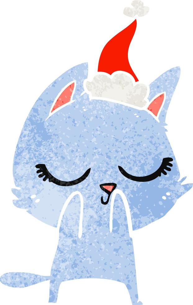 fumetto retrò calmo di un gatto che indossa il cappello di Babbo Natale vettore