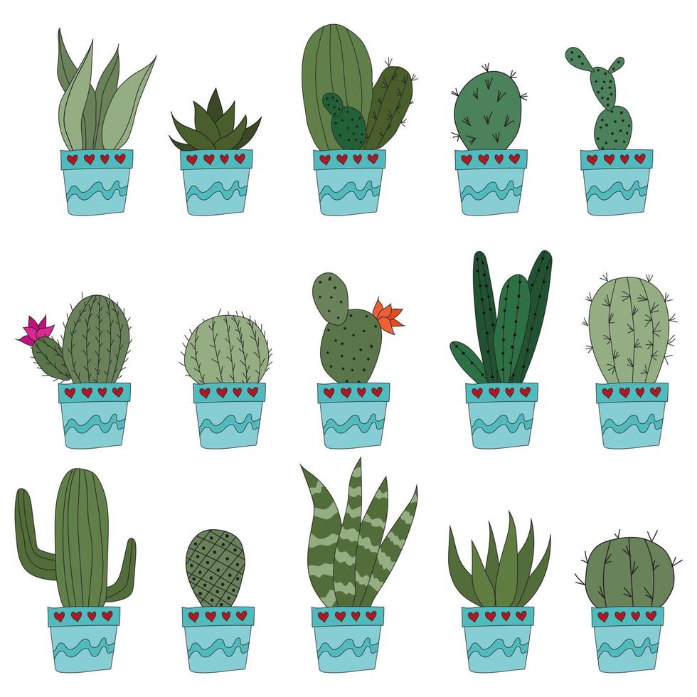 impostare simpatici cactus doodle in vasi blu. illustrazione vettoriale con piante da interno carine. set di 15 piante