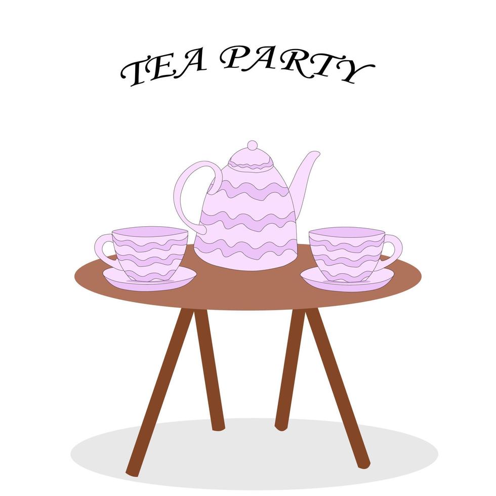 set di teiera teiera e tazze di fiori viola sul tavolo illustrazione vettoriale festa del tè