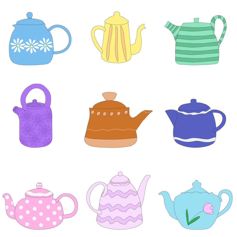 collezione di teiere e teiere isolate su sfondo bianco. utensili da cucina decorativi vettore