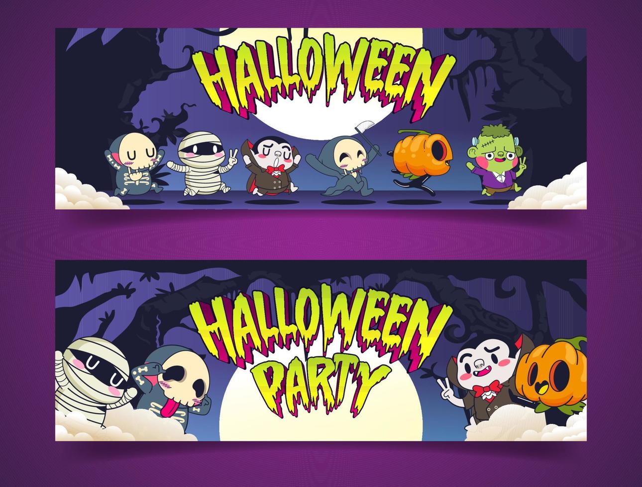 illustrazione vettoriale banner di halloween, banner di halloween mostro carino