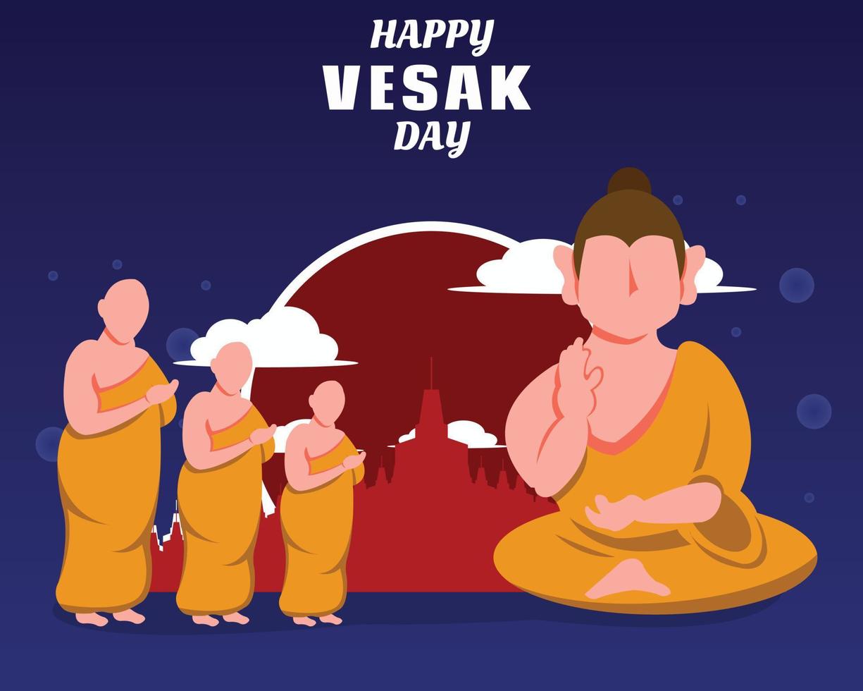 illustrazione grafica vettoriale di monaci che adorano buddha, che mostra lo sfondo del tempio, perfetta per religione, vacanze, cultura, giorno del vesak, biglietto di auguri, ecc.