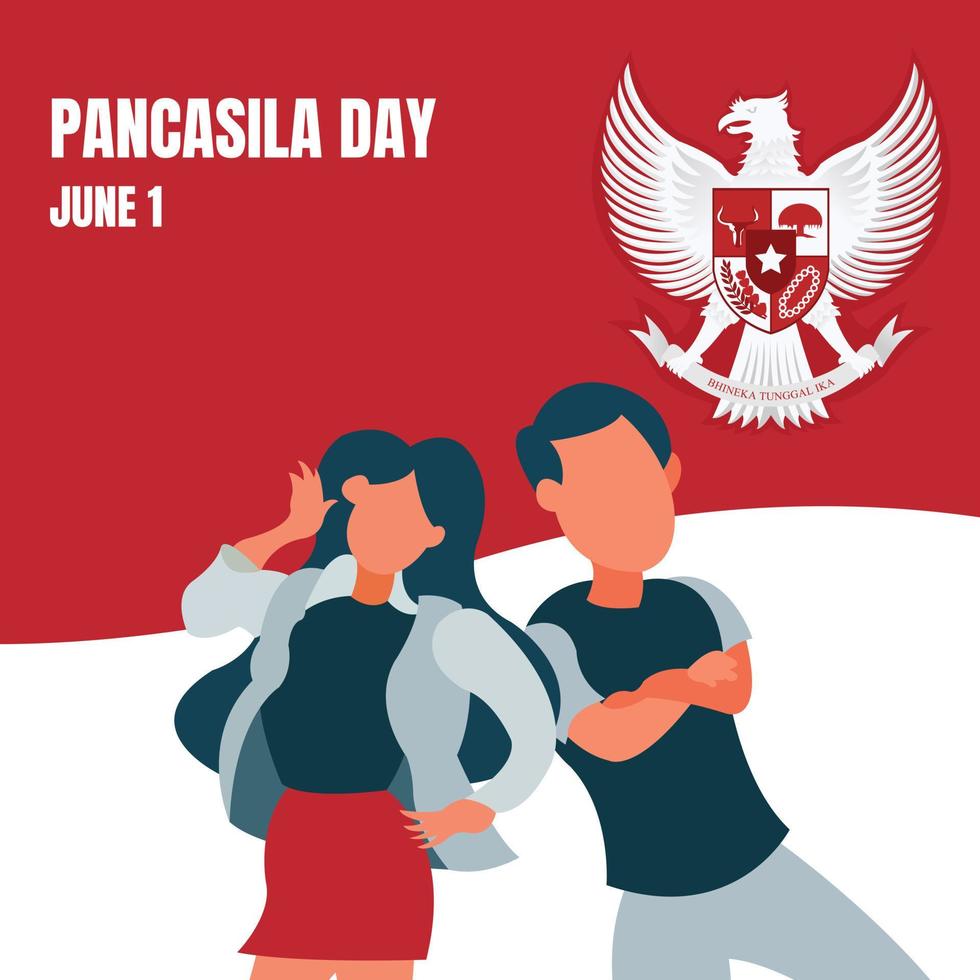 illustrazione grafica vettoriale di una coppia di adolescenti in piedi insieme, che mostra la bandiera nazionale indonesiana come sfondo, perfetta per il giorno della pancasila, festeggiare, vacanze, biglietto di auguri, ecc.