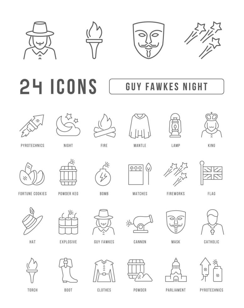 set di icone lineari della notte di guy fawkes vettore