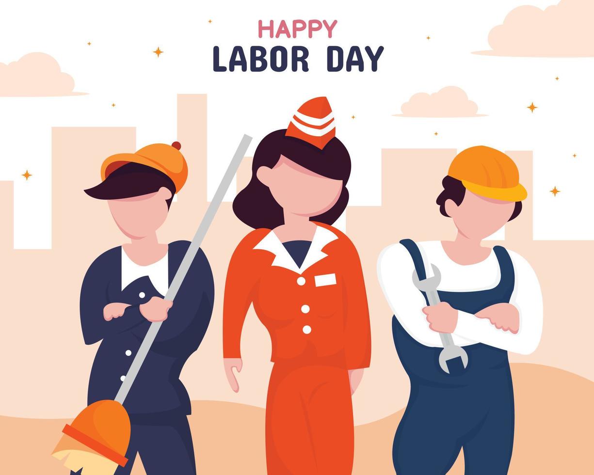 illustrazione grafica vettoriale di tre lavoratori con diverse professioni in piedi insieme, perfetta per la festa del lavoro, la celebrazione, il biglietto di auguri, ecc.