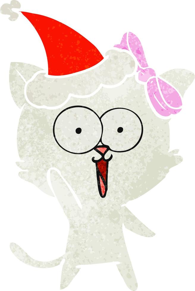 cartone animato retrò di un gatto che indossa il cappello di Babbo Natale vettore