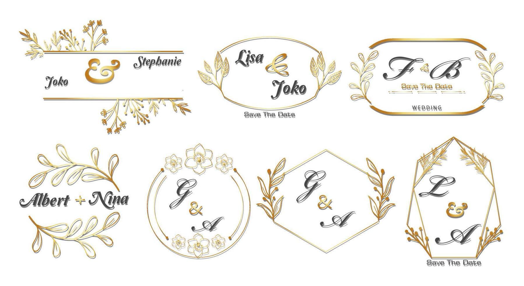 set di decorazioni con cornice dorata, design calligrafico vintage e foglia floreale con forma avvolgente, modello di invito, matrimonio, biglietto di auguri, ecc. vettore