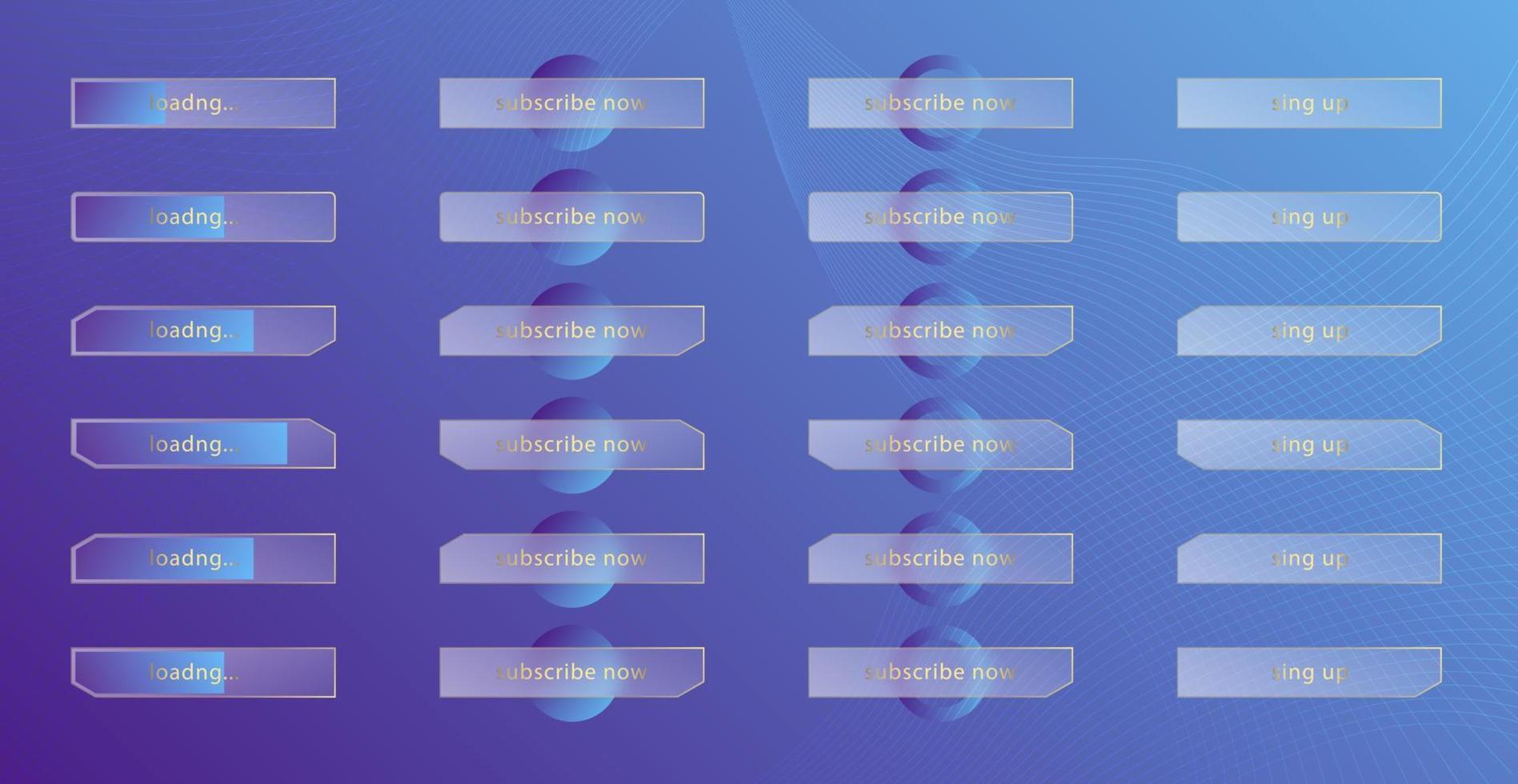 effetto morfismo vetroso. set di pulsanti e barre di caricamento in acrilico satinato trasparente. cerchi sfumati blu su sfondo viola. forma realistica in plexiglass opaco con morfismo di vetro. vettore