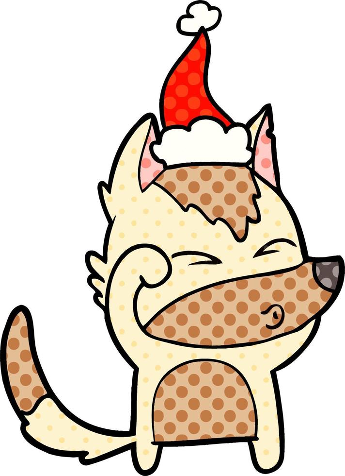 illustrazione in stile fumetto di un lupo imbronciato che indossa il cappello di Babbo Natale vettore