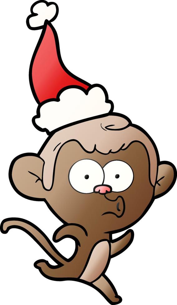 cartone animato sfumato di una scimmia sorpresa che indossa il cappello di Babbo Natale vettore