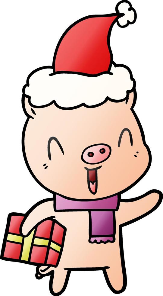 cartone animato gradiente felice di un maiale con regalo di Natale che indossa il cappello di Babbo Natale vettore