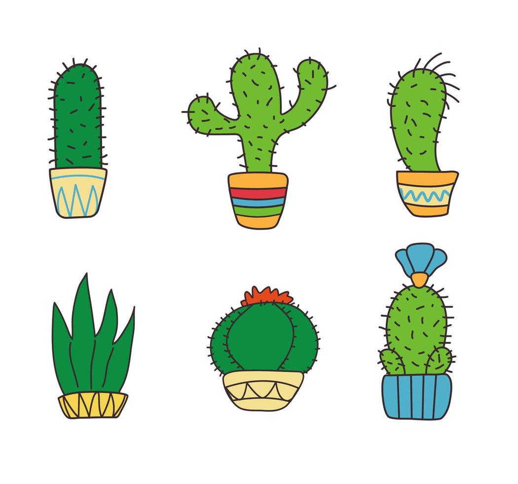 un insieme di cactus colorati. illustrazione di doodle di vettore