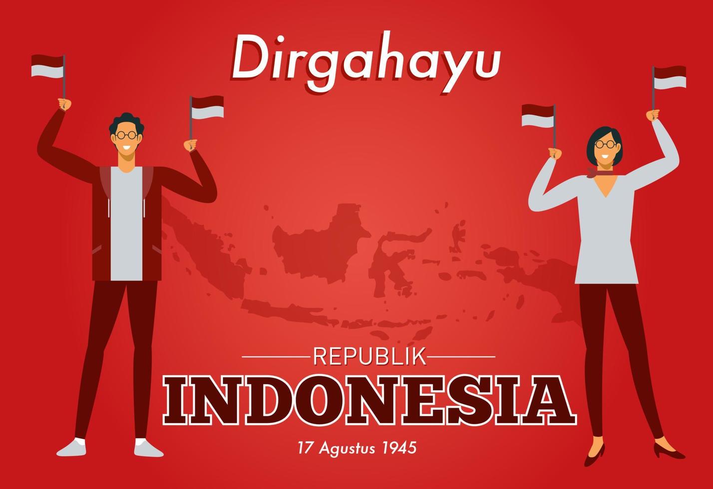 una coppia di uomini e donne indonesiani con abiti rossi e bianchi tengono la bandiera indonesiana con lo sfondo dell'arcipelago indonesiano per commemorare il giorno dell'indipendenza dell'Indonesia. vettore