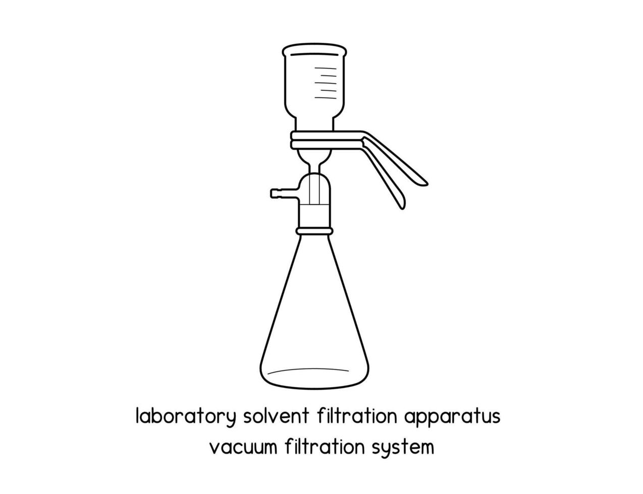 apparato di filtrazione del solvente da laboratorio diagramma del sistema di filtrazione sotto vuoto per l'impostazione dell'esperimento illustrazione vettoriale del profilo del laboratorio
