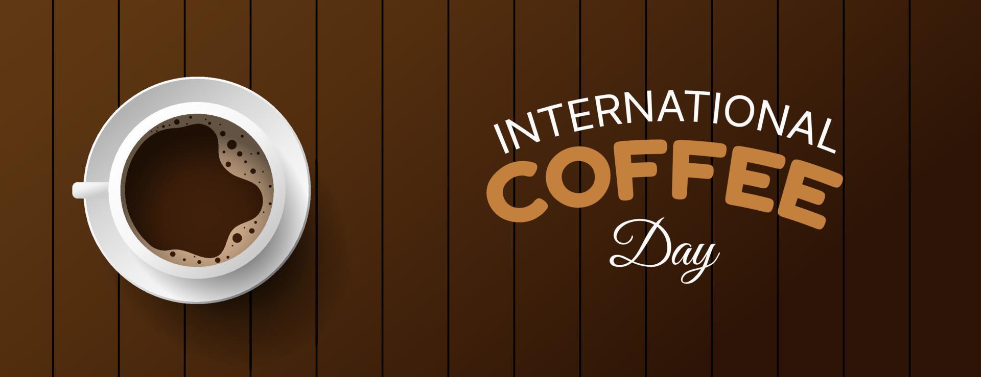 design banner giornata internazionale del caffè con sfondo in legno. illustrazione vettoriale