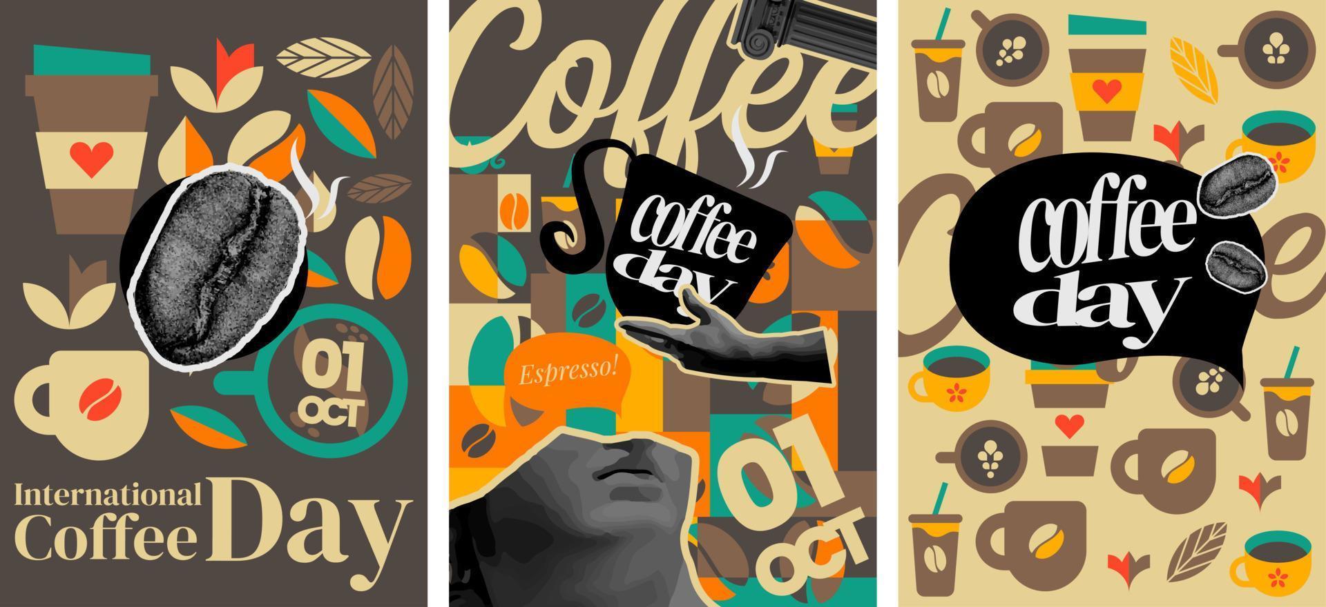 astratto classico vintage poster della giornata internazionale del caffè impostato illustrazione di arte vettoriale