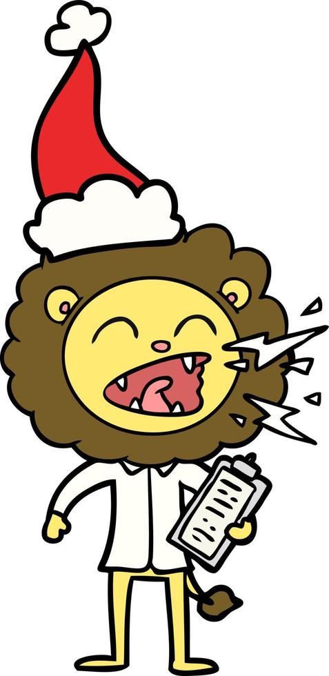 disegno a tratteggio di un medico leone ruggente che indossa il cappello di Babbo Natale vettore