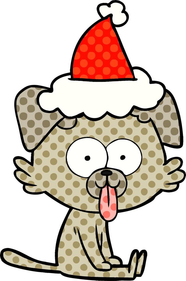 illustrazione in stile fumetto di un cane seduto con la lingua che sporge indossando il cappello di Babbo Natale vettore