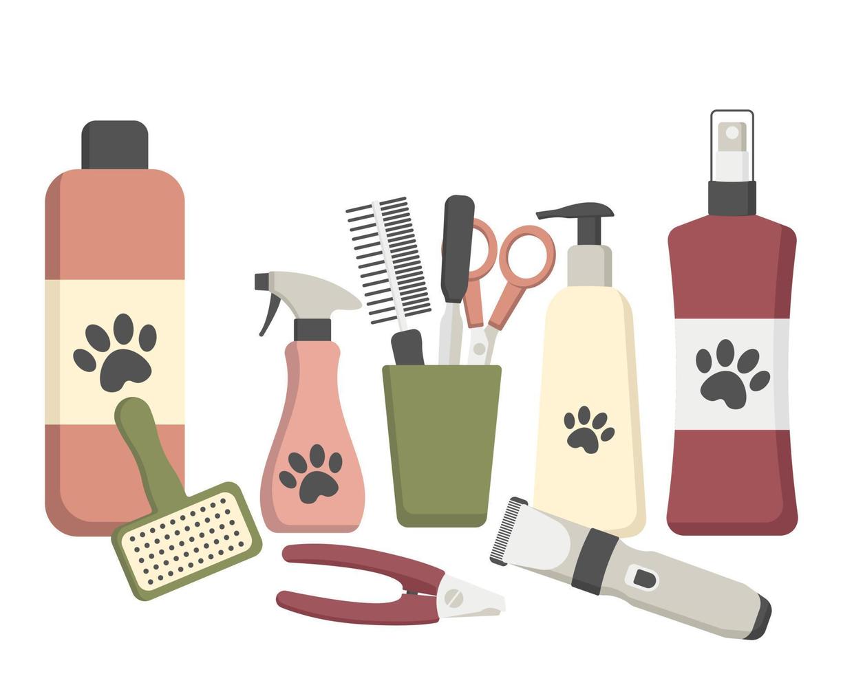 concetto di cura degli animali domestici. set di strumenti per la cura degli animali domestici. design piatto. vettore