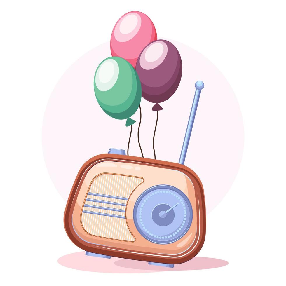 carina radio retrò con torta e palloncini. sfondo di compleanno radiofonico. vettore
