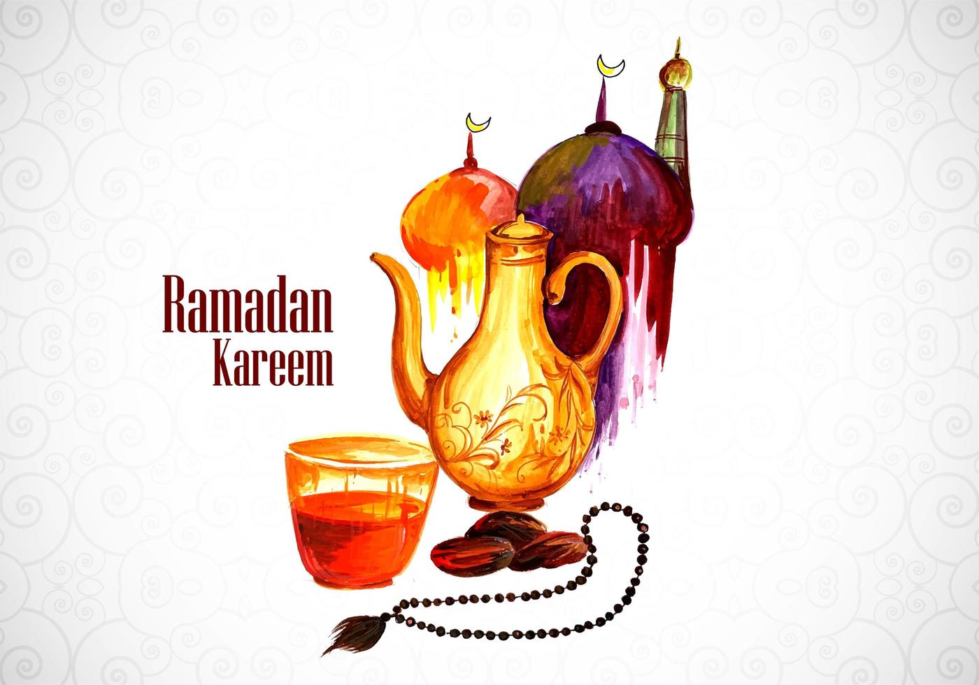 Ramadan Kareem saluto ad acquerello con teiera e perline vettore