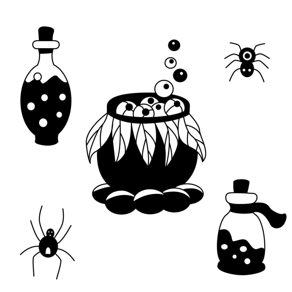 set disegnato a mano nero con un calderone delle streghe, bottiglie di veleno e ragni. illustrazione vettoriale per biglietto di auguri di halloween, poster.