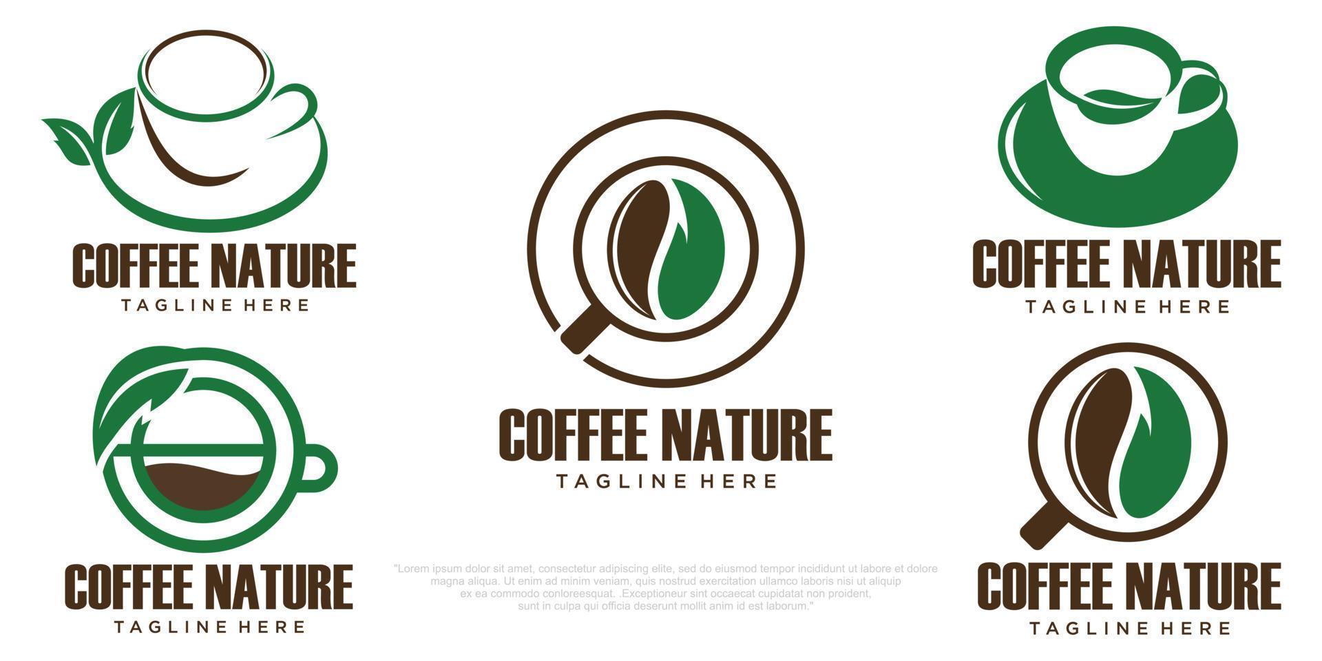 modello di progettazione logo caffè, tazza combinata, chicco e foglia vettore