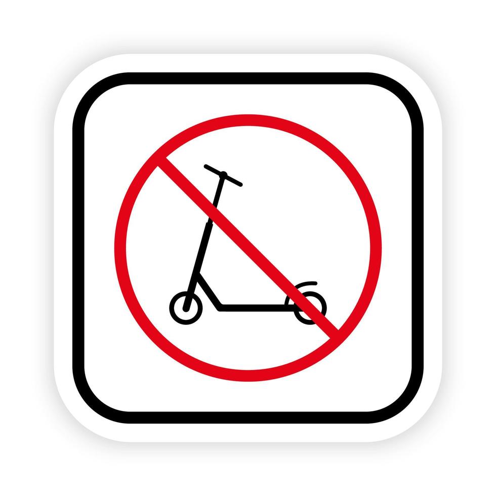 nessun segno consentito di scooter da calcio. gestire l'icona della siluetta nera del divieto della bici. pittogramma di bicicletta con ruota motrice a spinta vietata. simbolo di stop rosso trotinette. monopattino vietato. illustrazione vettoriale isolata.