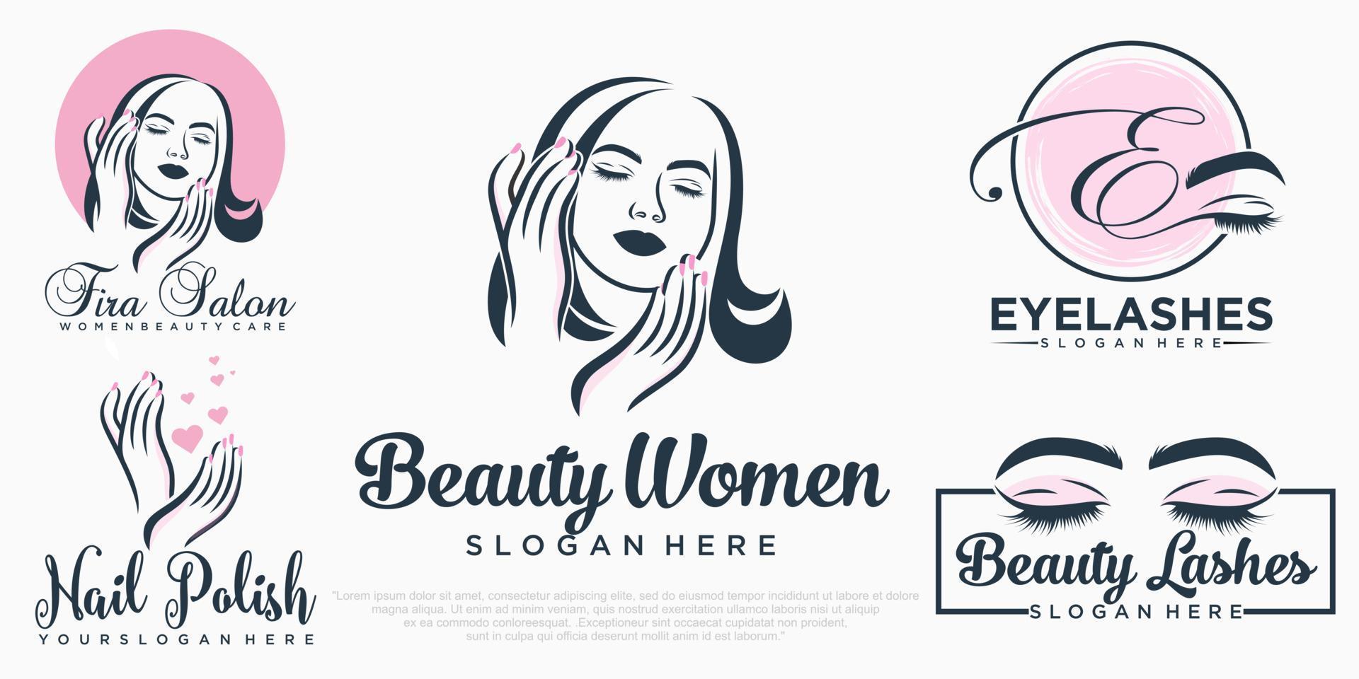 estensione delle ciglia di bellezza, donne di bellezza e design del logo del set di icone delle unghie vettore